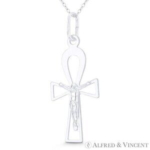 Jesus Christ on Egyptian Ankh Cross Charm Pendant in .925 Sterling Silver